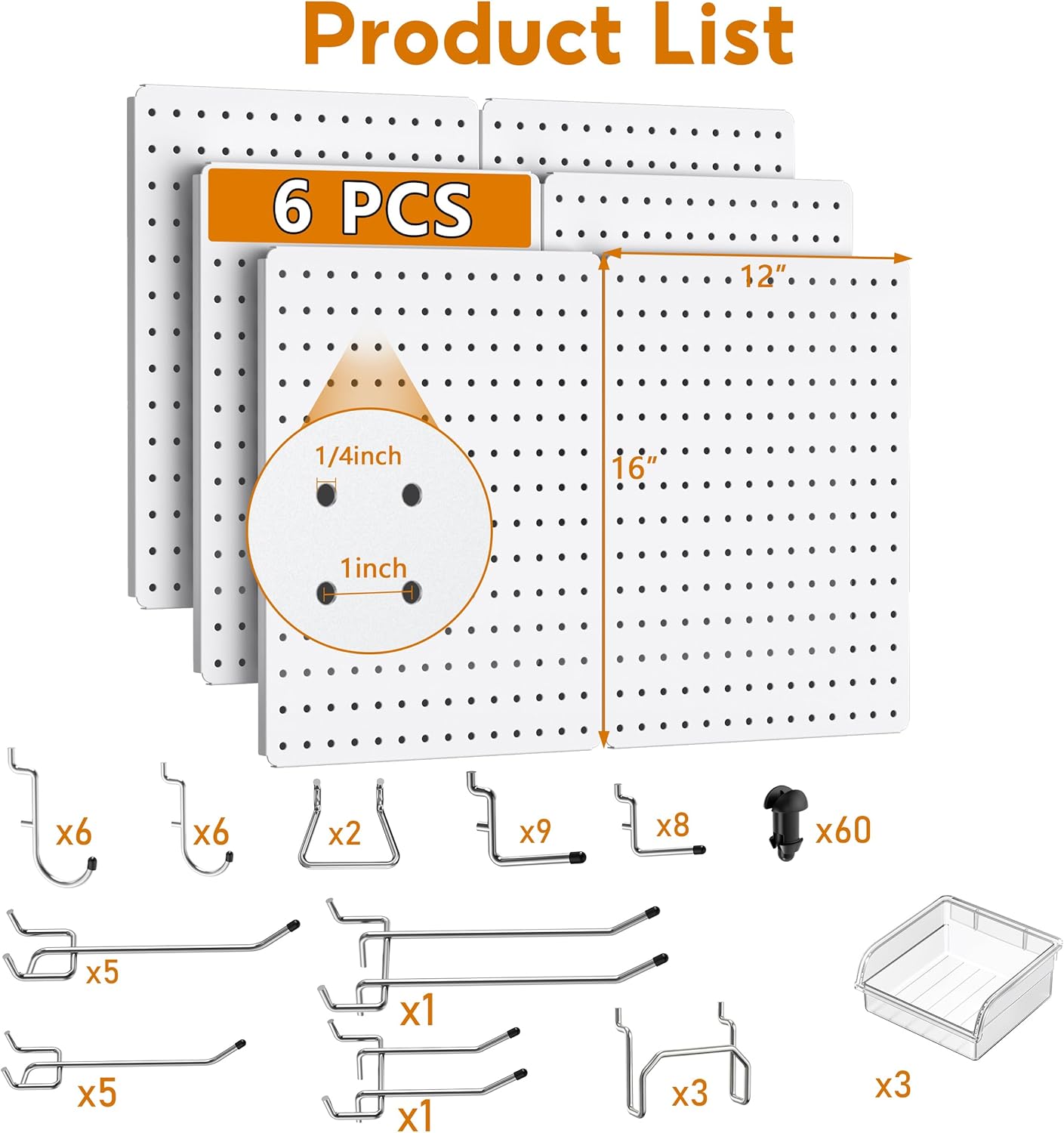 Peg Board, 112PCS Heavy Duty Metal Pegboard with Hooks, 6 Pack Black Peg Board Panels, 60lbs Load Capacity Each, Pegboard Wall Organizer for Garage, Workshop, Kitchen, Craft Rooms