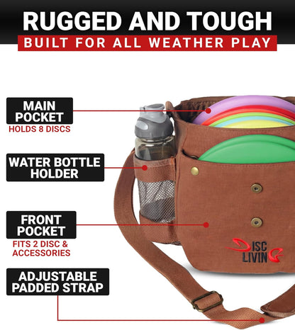 Disc Golf Bag | Frisbee Golf Bag | Easy to Carry | Lightweight Fits Up to 10 Discs | 16 oz Waxed Canvas Sturdy Design | Belt Loop | Double Button Design | Bottle Holder