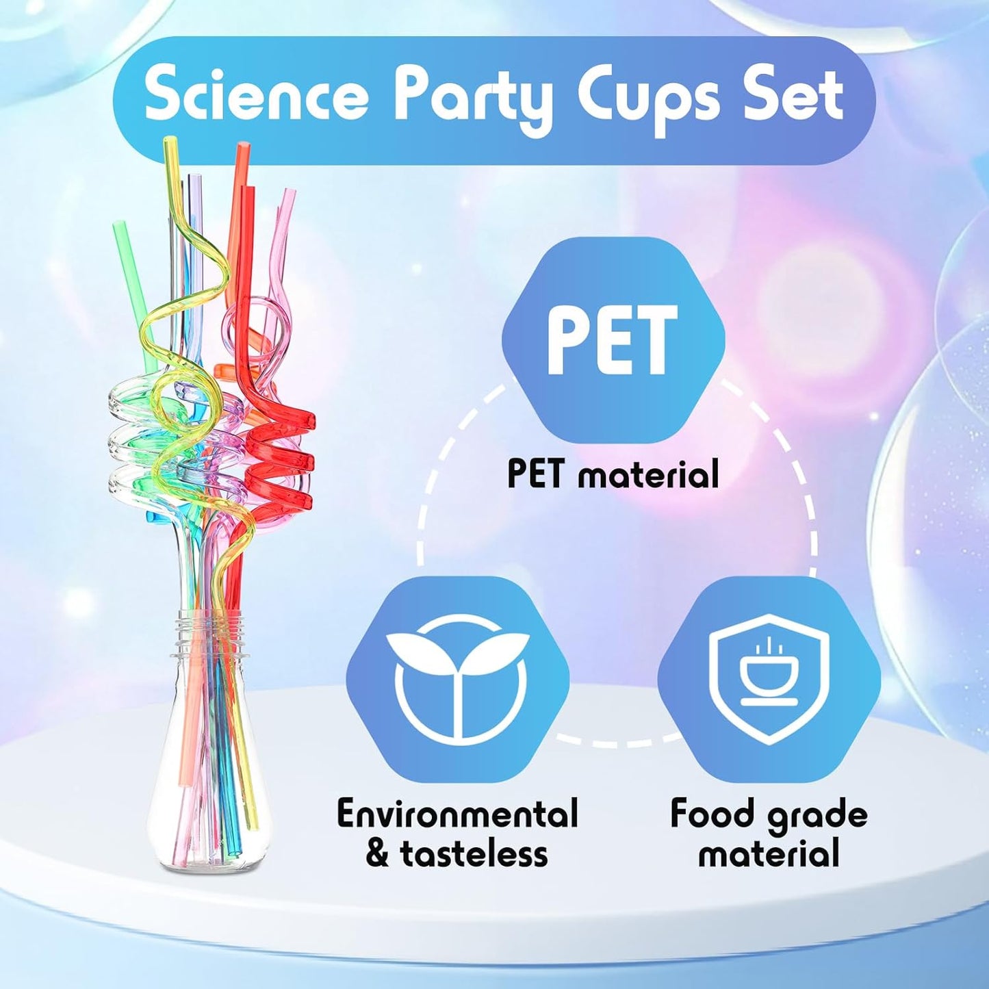 Jingmore 36 Pcs Science Party Theme Cups Set with Silly Loop Straws Science Stickers Plastic Reusable Small Conical Flask Bottles Test Tubes for Birthday Party Decorations(Spherical Bottles)
