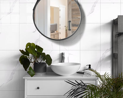 20-Pack Peel and Stick Gilded White Marble Tiles (11.8" x 11.8") – 19.4 Sq. Ft. Waterproof PVC Shower & Backsplash Tiles for Bathroom, Kitchen, and Living Room – Self-Adhesive, Easy Installation