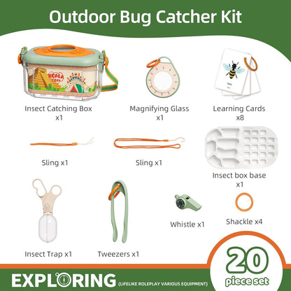 Bug Catcher for Kids Explorer Bug Catching Kit,Magnifying Glass, Tweezers, Whistle & Compass, Learning Guide, Insect Habitat, Outdoor Toys(3 Year +) (Kids Bug Catcher Set)