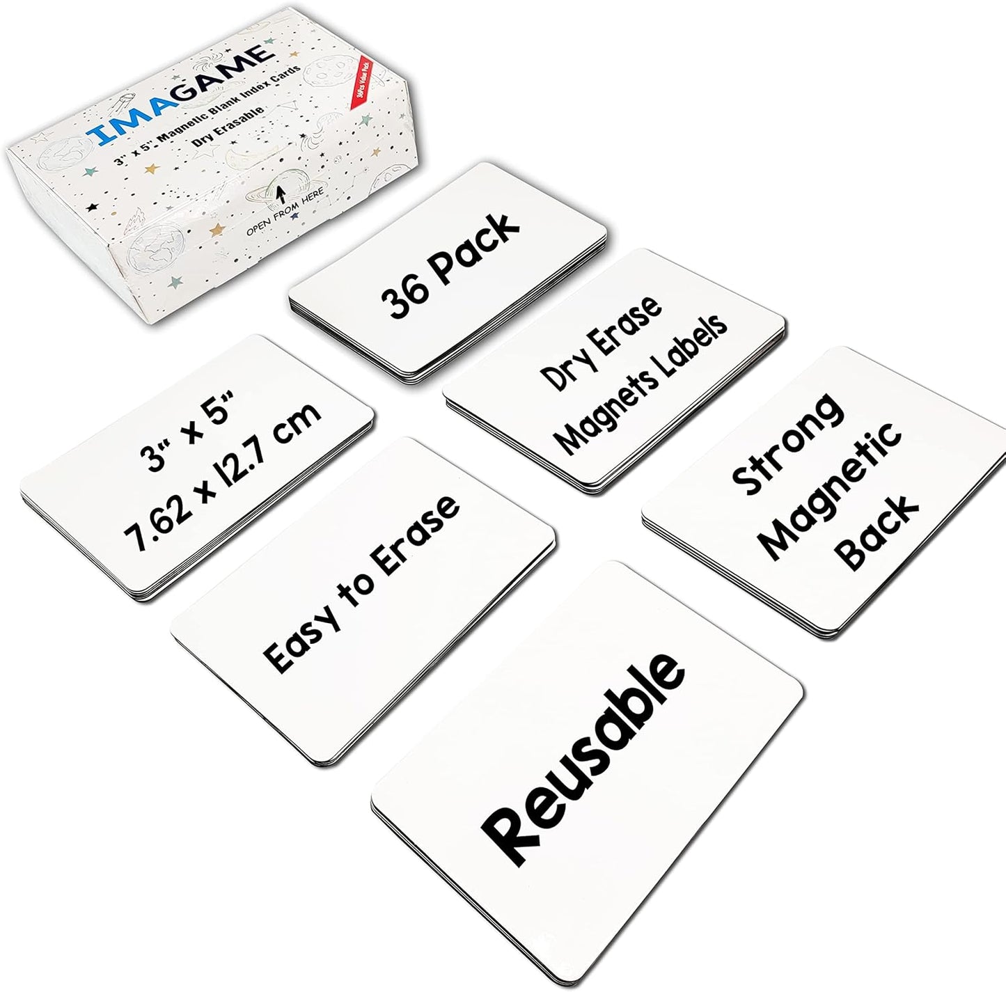 IMAGAME Dry Erase Magnets, Blank Magnetic Dry Erase Labels, 36-Pack, Erasable Magnets for Whiteboard, Multipurpose White Magnetic Labels to Write On for Classroom, Home, Education, Office, 3" x 5"