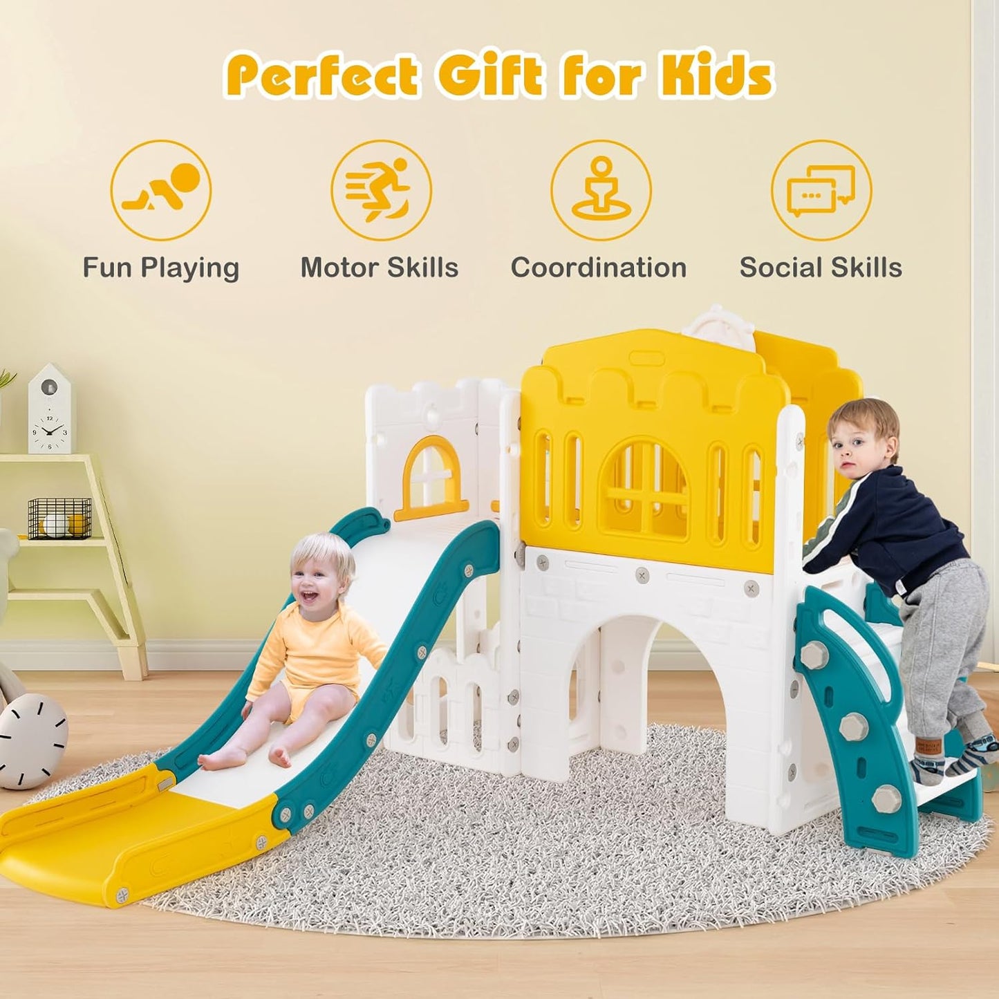 Costzon 8 in 1 Toddle Slide Playset, Freestanding Kids Slide w/Tunnel, Basketball Hoop, Toddler Climber Slide Playset Indoor Playground for Kids 1-3 w/Storage Space, Gifts for Boys Girls (Blue)