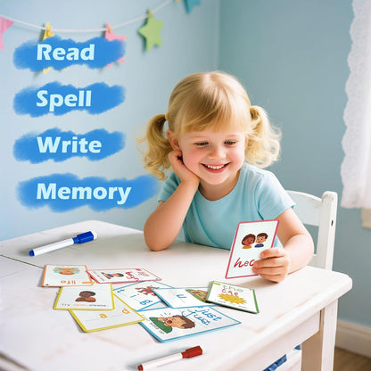 CVC Word Games&Writing Practice Card,300 Sight Words Flash Cards for Kindergarten & Toddlers-5 Levels Learning Cards with Picture Sentences Include 5 Dry Erase Markers & Rings