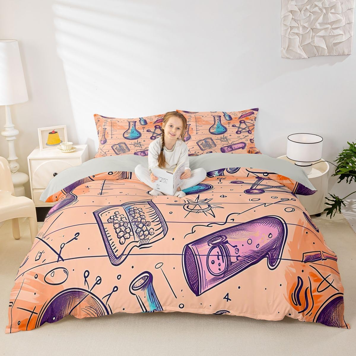 Erosebridal Chemistry Lab Bedding Set Twin Size Chemical Equation Duvet Cover for Boys Girls Chemical Elements Science Theme Comforter Cover Teens Kids Science Students Bedding School Dorm Room Decor