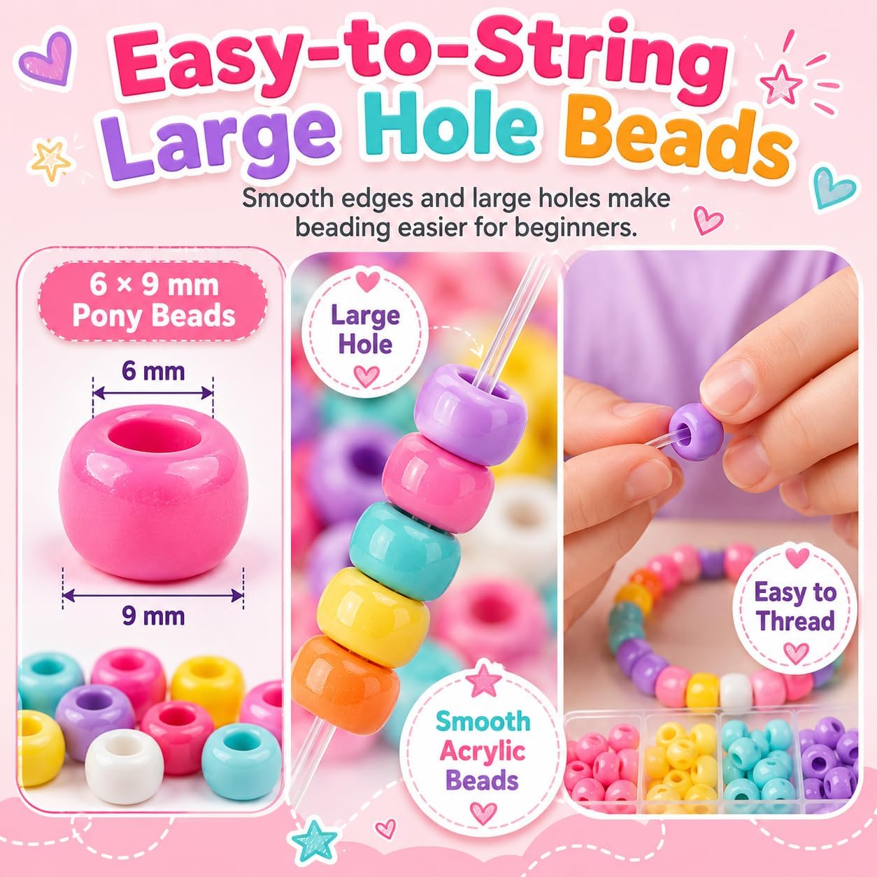 SJZWSD 5 Boxes Bracelet Making Kit Pony Beads, 6x9mm Kandi Rave Beads & Hair Beads Set with UV Color Changing, Glow-in-Dark, Chrome & Alphabet Letters for Friendship Jewelry DIY Crafts