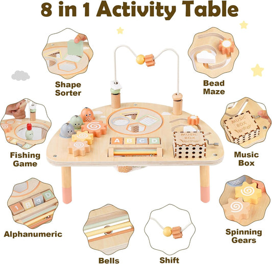 Activity Table for 1 Year Old, Montessori Toys for 1 2 Year Old Girls Boy Gifts, 8 in 1 Wooden Sensory Play Table for Toddler 1-3, Learning Toys for Baby 12-18 Months 1st Christmas Birthday Gifts