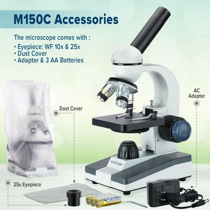 AmScope M150C / M150C-I 40X-1000X All-Metal Optical Glass Lenses Cordless LED Student Biological Compound Microscope