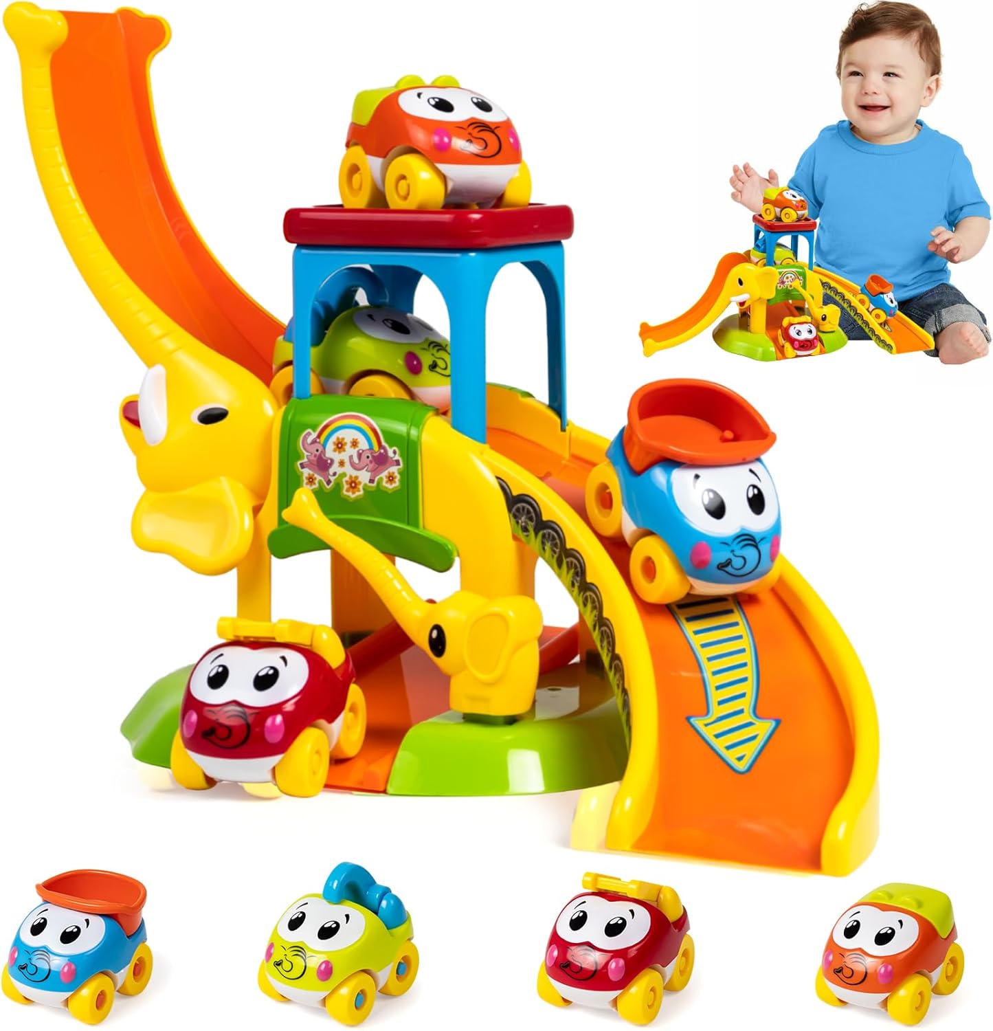 Marstone Toddler Toys for 1 2 Year Old Boys and Girls Gifts: Educational Elephant Slide with 4 Animal Car Toys for Baby 12-18 Months, First Birthday Gifts for Kids, Learning Push Truck Tracks Age 1-2