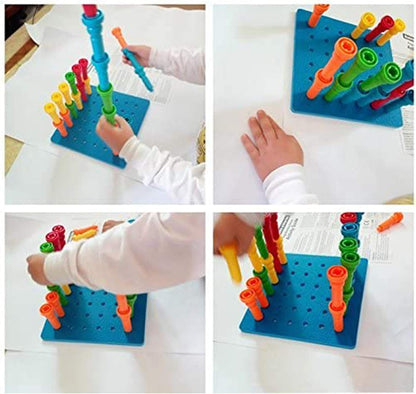 Peg Board Set Toys-Montessori Occupational Therapy Fine Motor Skills Toy, Suitable for Toddlers and Preschoolers Over 3+ Year Old. 25 Tall-Stacker Pegs Rubber 8" Pegboard