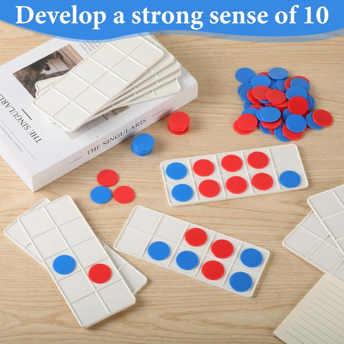 Soulchen 24 Sets Plastic Ten Frames for Classroom Math Manipulatives for Kids Classroom Math Counters Supplies Including 24 Plastic Ten Frames, 240 Counters for Teach Number Concepts (Red, Blue)