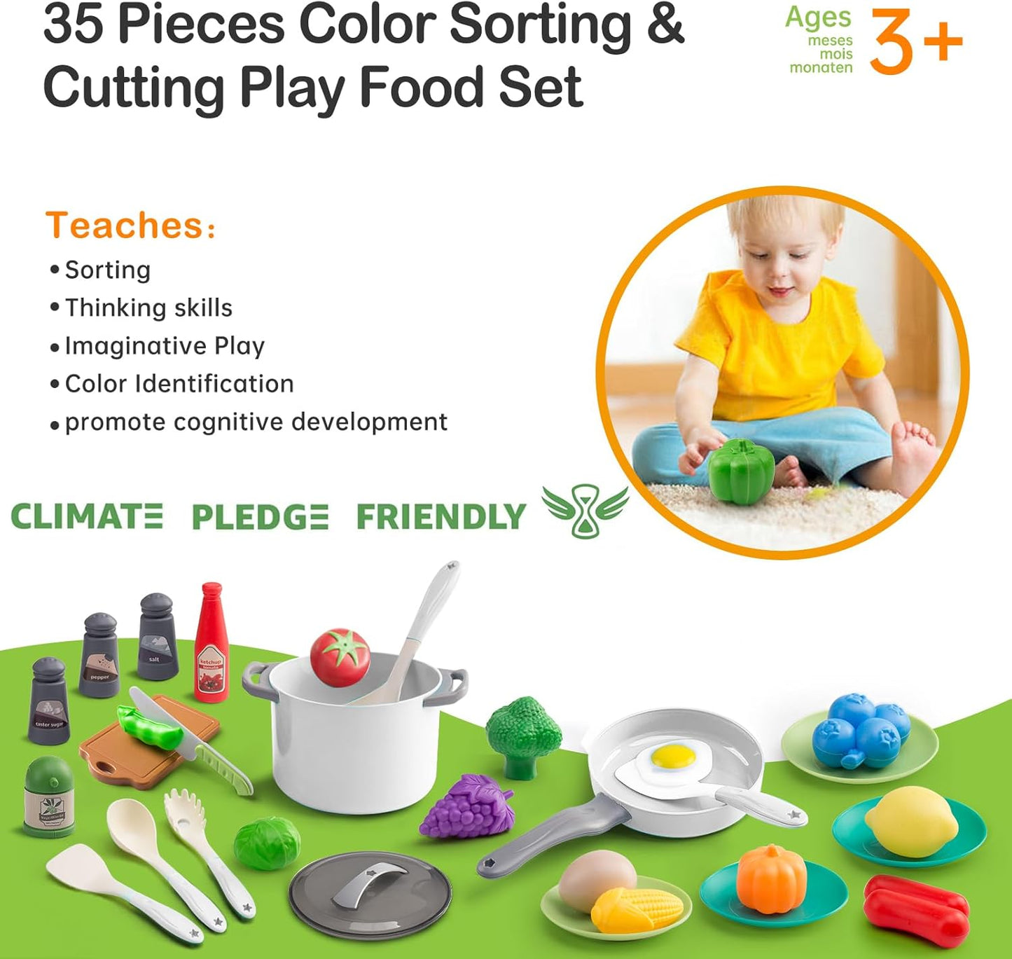 150Pcs Kitchen Playset, Toddlers Pretend Cooking Cookware Accessories, Food, Picnic Blanket, Fruits, Veges, 2Pack Shopping Storage Basket, Dessert and Prop Money, Gift for Kids (Pink)