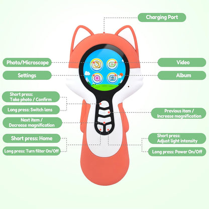 Microscope Camera for Kids Gifts Toys- Handheld Pocket Microscopes with Endoscope and Autofocus Mini Digital Educational Science Kit for Christmas Birthday for Age 3-5 5-7 8-12 Girls Boys, Fox