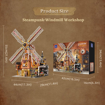 PANTASY Steampunk Windmill Workshop Building Set - Dutch Windmill Architecture with Mechanical Drive with Motorized Rotating Blades,Gear Details,and Openable Wall - Collectible Display Kit for Adults