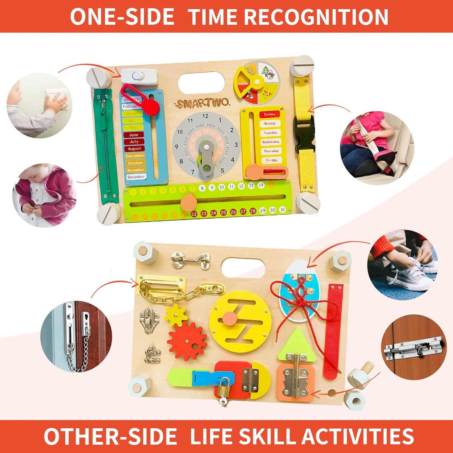 Montessori Large Double-Sided Busy Board for 1 2 3 4 Year Old- Wooden Sensory Toys -Fidget Activity Board for Toddlers Boys and Girls- Motor Skills Gifts for ADHD & Autistic Children Kids