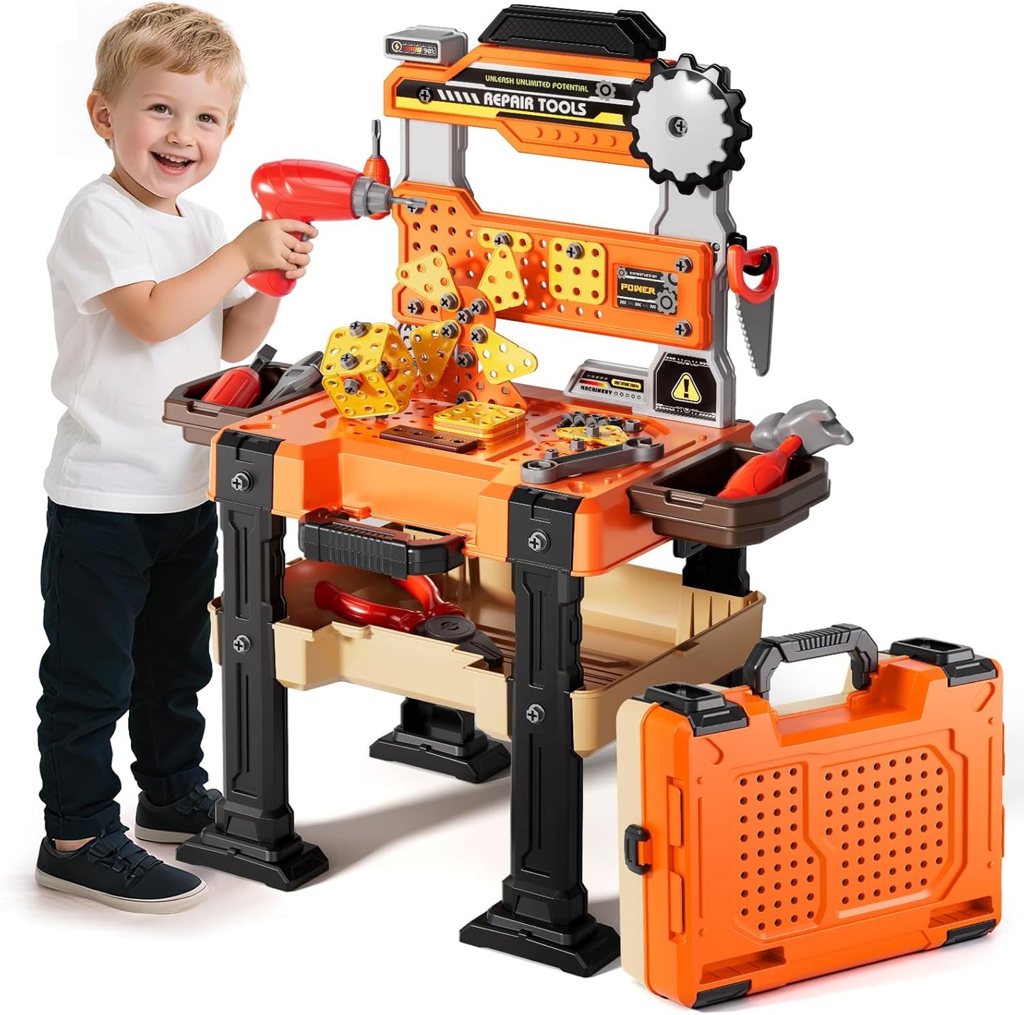 Kids Tools Bench, Tool Box Playset with Screw and Electric Drill Toy, Pretend Play Construction Toys Work Bench for Toddlers 3-5 Years Old, Birthday for Boys Ages 3 4 5 6 7 8