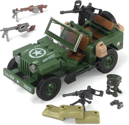 Feleph WW2 Military Vehicles Weapons Pack 282 Pieces US Army Building Block Toy Set WWII Car Tricycle Gear Helmets Vests Tools Bricks Model Compatible with Soldier Figures for Ages 6 and Up