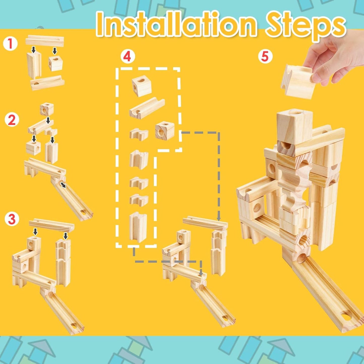 Wooden Marble Run for Kids Ages 4-8, 80 Pieces Wood Building Blocks Toys and Construction Play Set, Marble Track Maze Game STEM Learning Toys Gifts for Boys Girls (80pc Set)