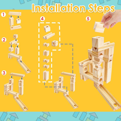 Wooden Marble Run for Kids Ages 4-8, 80 Pieces Wood Building Blocks Toys and Construction Play Set, Marble Track Maze Game STEM Learning Toys Gifts for Boys Girls (80pc Set)