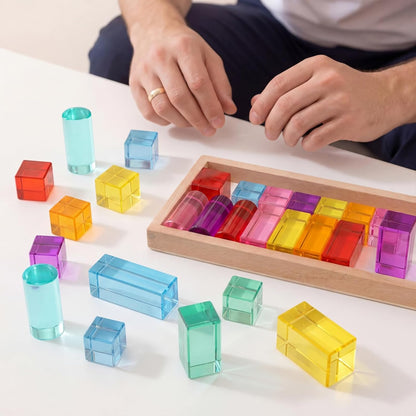 16 Pcs Acrylic Wooden Gem Blocks Sparkling Translucent Cubes Stacking Toys Wooden Cubes Blocks with Colorful Acrylic Open Ended Play Montessori Educational Toys (Round)