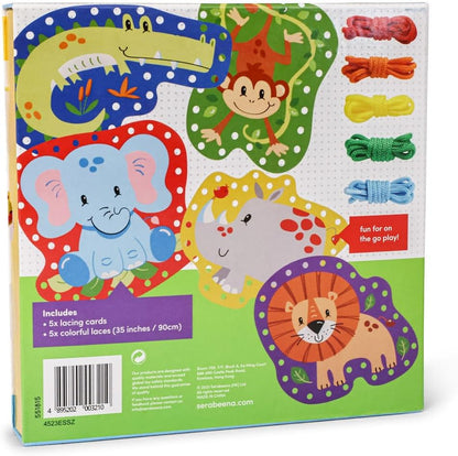 Serabeena Lacing Cards for Kids Ages 3-5 - Safari Animal Sewing Cards | Screen-Free Toddler Lace-Up Toy & Activity with 5 Laces & Storage Box for Hand-Eye Coordination and Fine Motor Skills