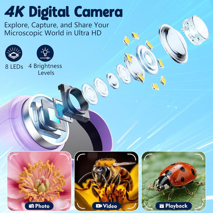 Odatay 4K 1000X Digital Microscope for Kids with Long Distance Viewing & 2.4" Screen, Portable Handheld Edu Toys for Kids Age 3-12 Exploring Bugs Plants at Home Classroom & Outdoor Travel, Yellow