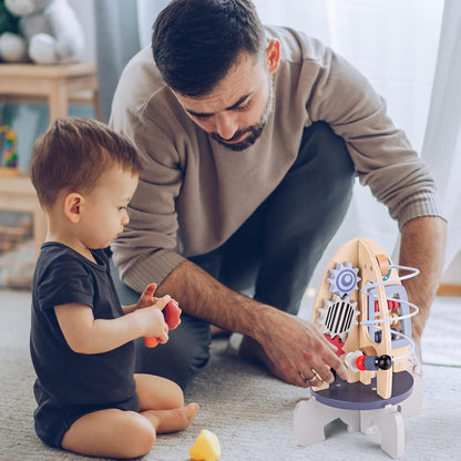 Wdmiya Space Wooden Activity Cube Toys for Baby, Montessoritoys for 1 Year Old Boy & Girl Birthday Gifts, Sensory and Educational 1st Birthday Gifts, Busy Board Toys for Baby Boy 6-18 Months (Rocket)