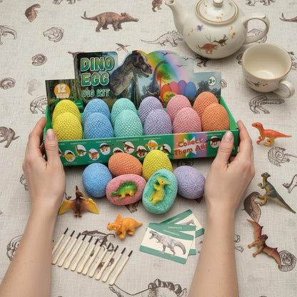 EXBEPE Dinosaur Eggs Excavation Dig Kit, 12 Fossilized Colorful Easter Dinosaur Egg with 12 Cards and 12 Dig Tools, Science Education STEM Toys for Boys & Girls Ages 3-12