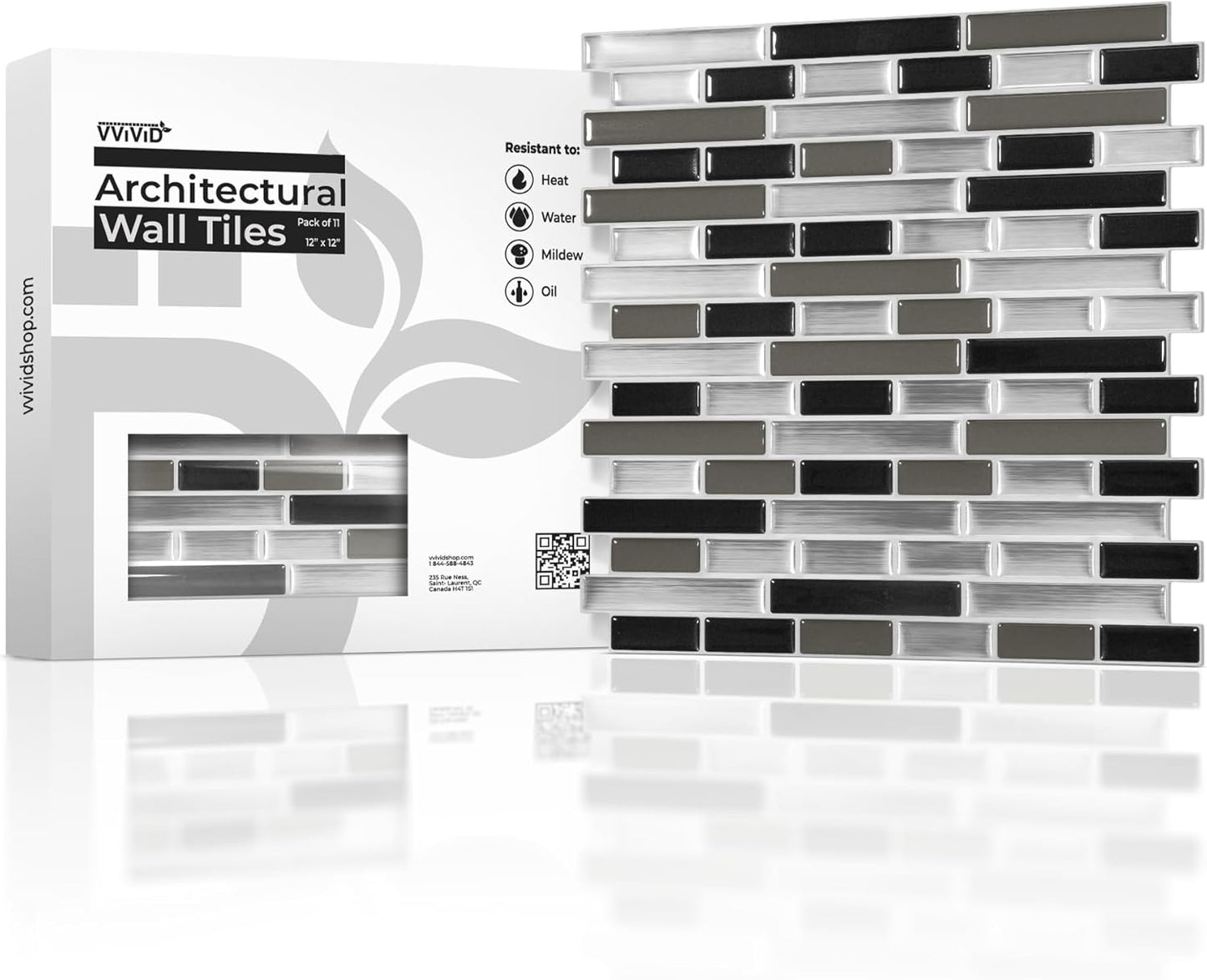 VViViD 11 Sheets Peel and Stick Grey Gloss Faux Ceramic Brick Wall Tiles, Self Adhesive Backsplash 12”x12”, 2mm Thick Kitchen, Bathroom (11 sq. ft.)