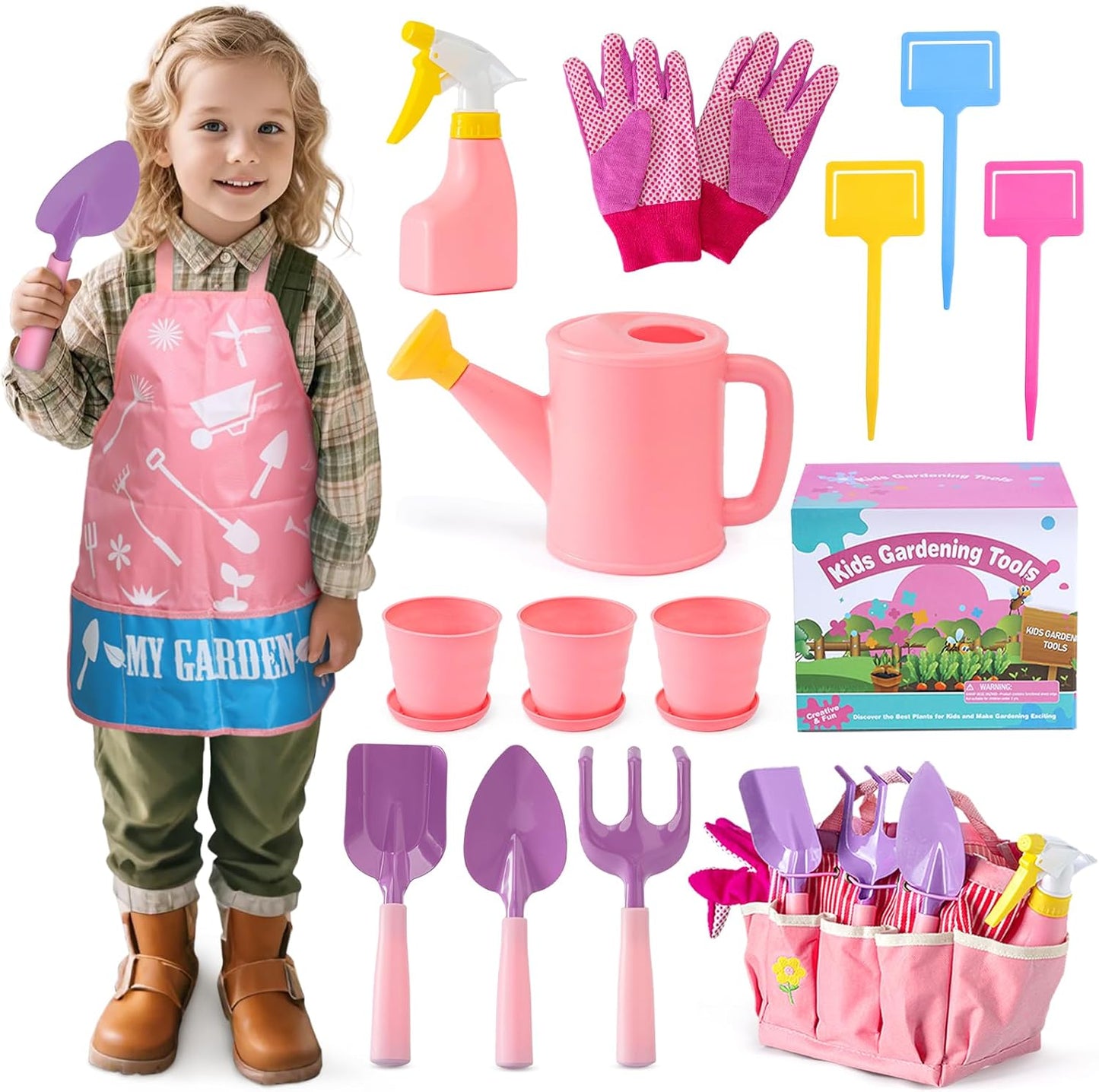 JOI MEW Kids Gardening Tools Set, Garden Toys w/Wooden Handle Alloy Rake,Fork,Trowel, Watering Can,Gloves,Tote Bag,Plant pots, DIY Bookmark Kits, Spring Summer Toy Outdoor Gift for Toddler Boy Girl