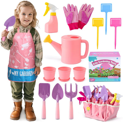 JOI MEW Kids Gardening Tools Set, Garden Toys w/Wooden Handle Alloy Rake,Fork,Trowel, Watering Can,Gloves,Tote Bag,Plant pots, DIY Bookmark Kits, Spring Summer Toy Outdoor Gift for Toddler Boy Girl