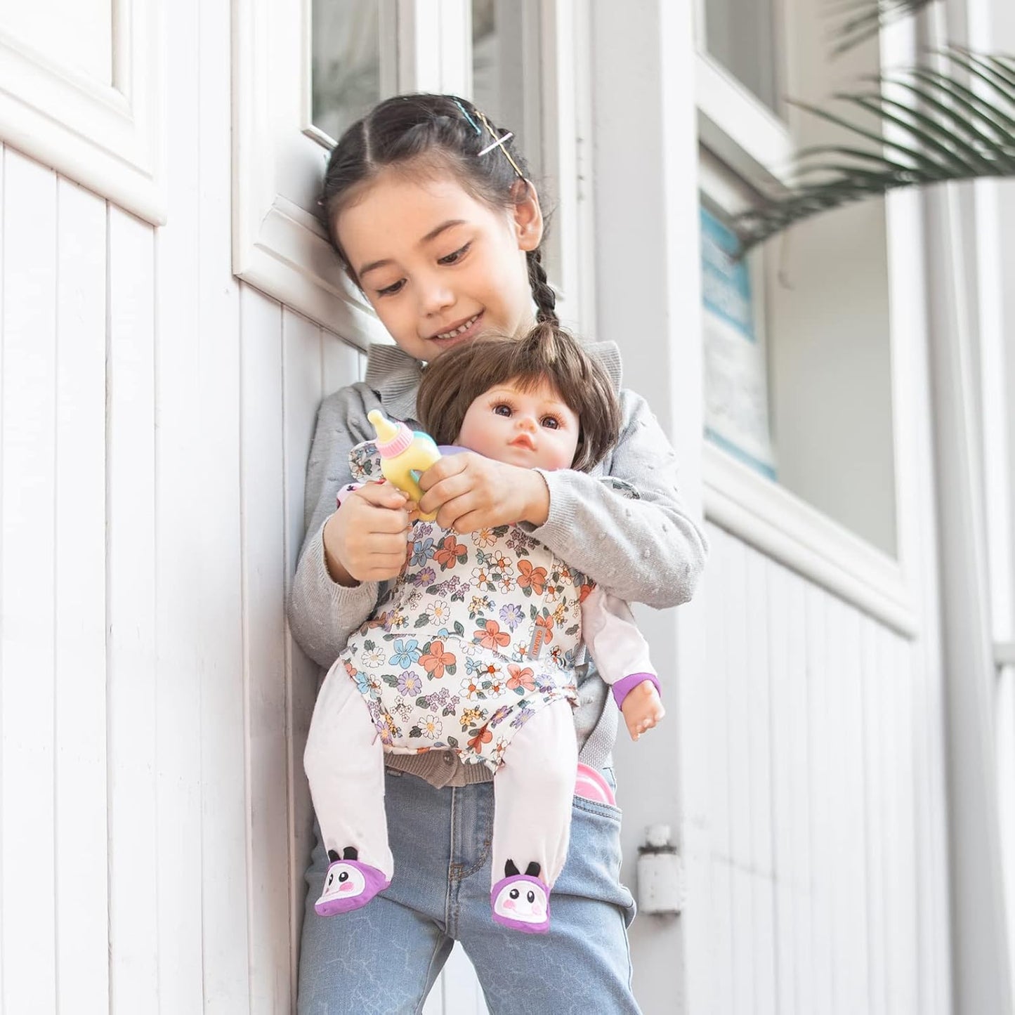 GAGAKU Baby Doll Carrier for Little Girls, Reborn Doll Accessories for Toddlers 3+ Years Old, Kids Toy Baby Dolls Sling Carrier - Pink - Moonflower