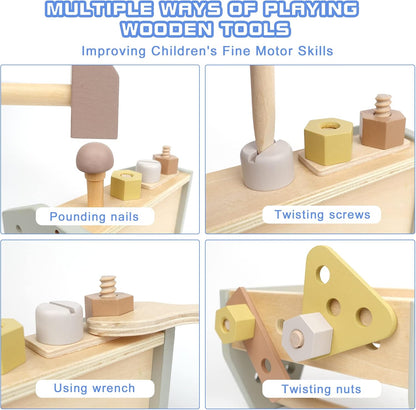Montessori Wooden Tools Kit Toddler Educational Construction Kids Toys Sets Play Box Preschool Play Tool Wooden Construction Toy（Yellow）