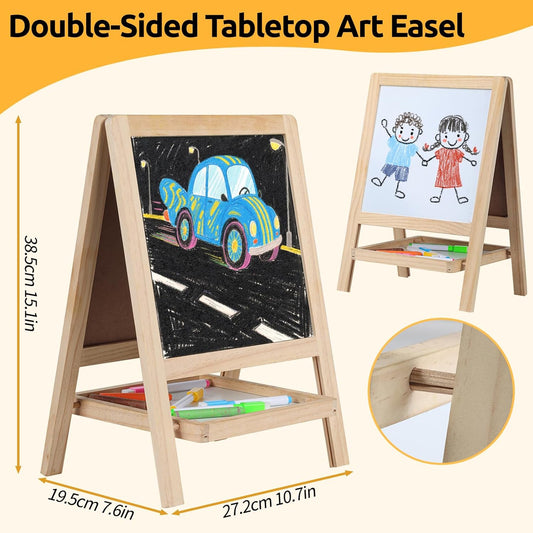 Tabletop Wooden Art Painting Easel for Kids 2-4, Chalkboard & Double-Sided Drawing Whiteboard for Toddlers, 4-in-1 Desk Easel with Magnetic Letters/Numbers & Flashcards Markers, Eraser