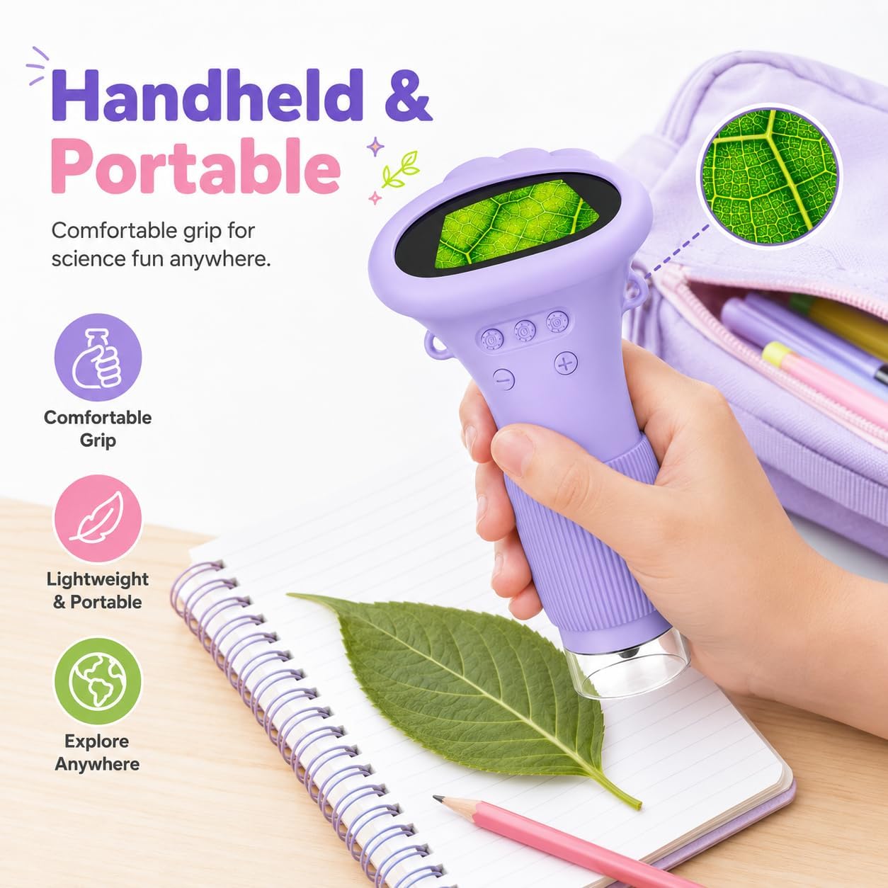 Kids Microscope Digital Camera, 1000X Handheld Camera Microscope for Kids with 2'' Screen, Educational Magnifying Glass Toy Christmas Birthday Gifts for Age 3 4 5 6 7 8 9 10 11 12 Girls Boys - Purple