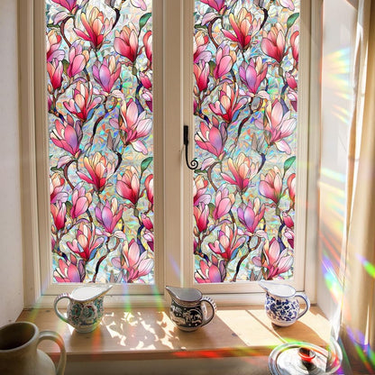Flower Stained Glass Window Film Decorative Static Cling Stickers Sun Blocking Privacy Decals for Home Car White Lily