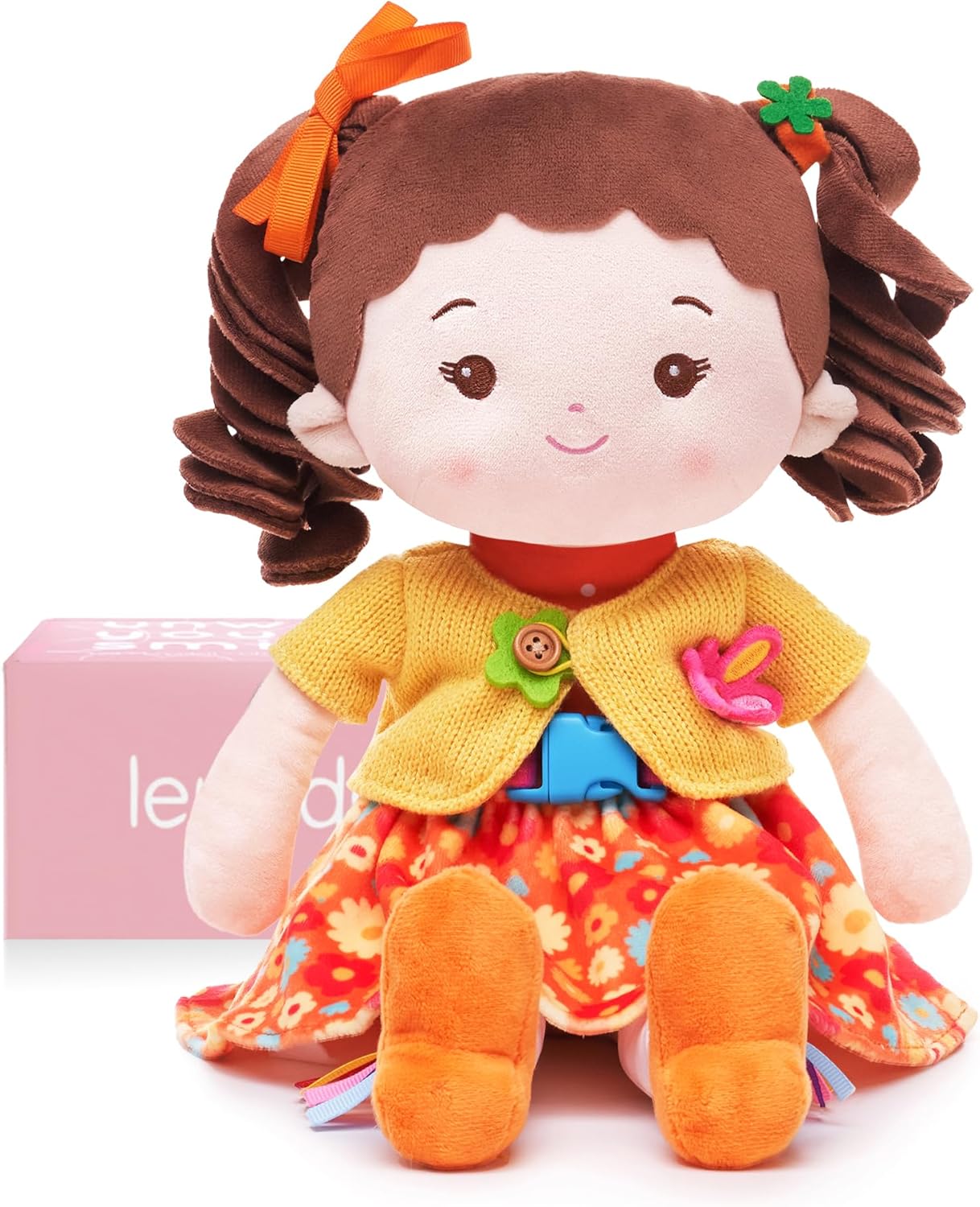 LeyaDoll Soft Bady Educational Soft Baby Doll(16''), Learning Sensory Doll for Toddlers, Montessori Toys for 2-Year-Old Girls Christmas, Birthday Gifts, Plush Doll with Button-Busy Cupcake-Girl