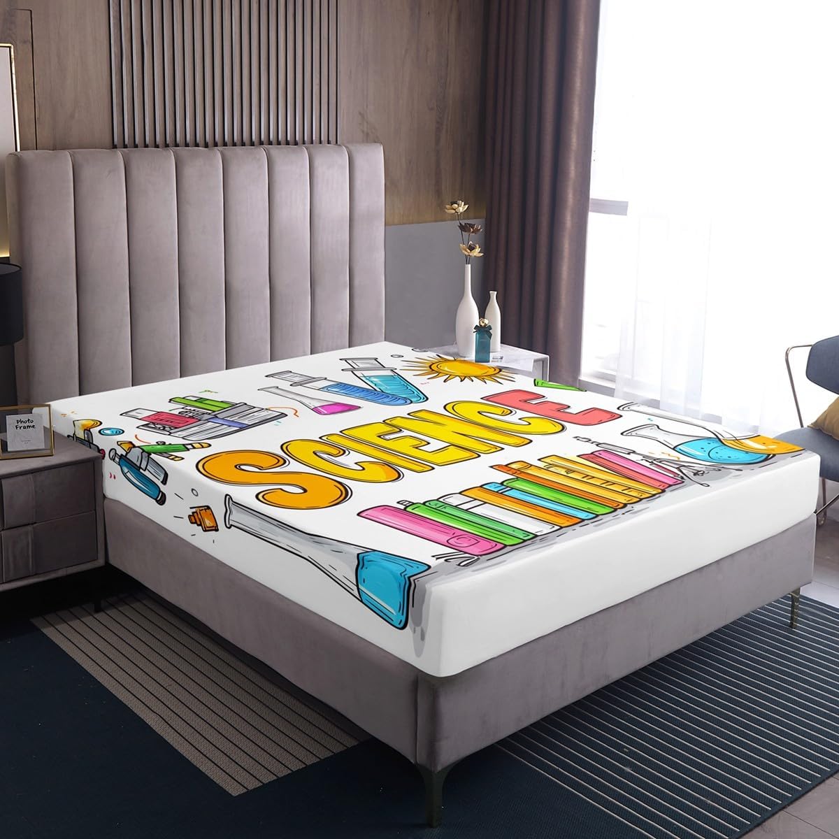 Chemistry Bed Sheets for Kids Teens Girls Boys,Chemical Experiment Fitted Sheet Twin,Science Themed Sheets for Math Lovers,Chemistry Lab Bedding Set,White and Black
