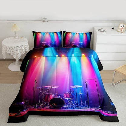 Erosebridal Drum Kit 3D Print Kids Comforter Sets Rock Music Themed Full Bedding Set for Boys Girls Musical Pattern Comforter Set,Colorful Retro Style Quilt Duvet 3 Pcs