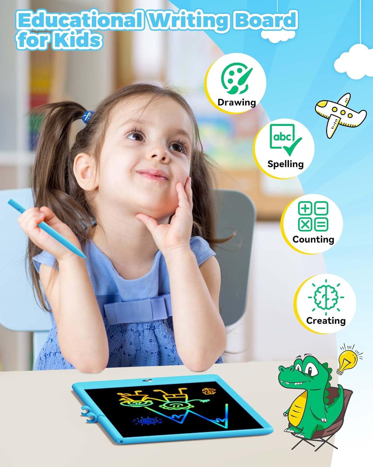 KOKODI 15 Inch LCD Writing Tablet with Anti-Lost Stylus, Erasable Doodle Board Colorful Toddler Drawing Pad, Car Travel School Games Toys for 3 4 5 6 7 8 Kids, Birthday Gift for Girls Boys Blue