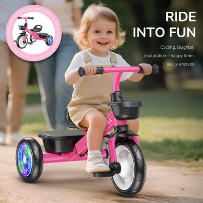 Umatoll Tricycle for Toddlers 2-5 Year Old, Ajustable Toddler Bike Outdoor Toys, Birthday Gift for Girl Age 2-4, Trike with Light up Wheels