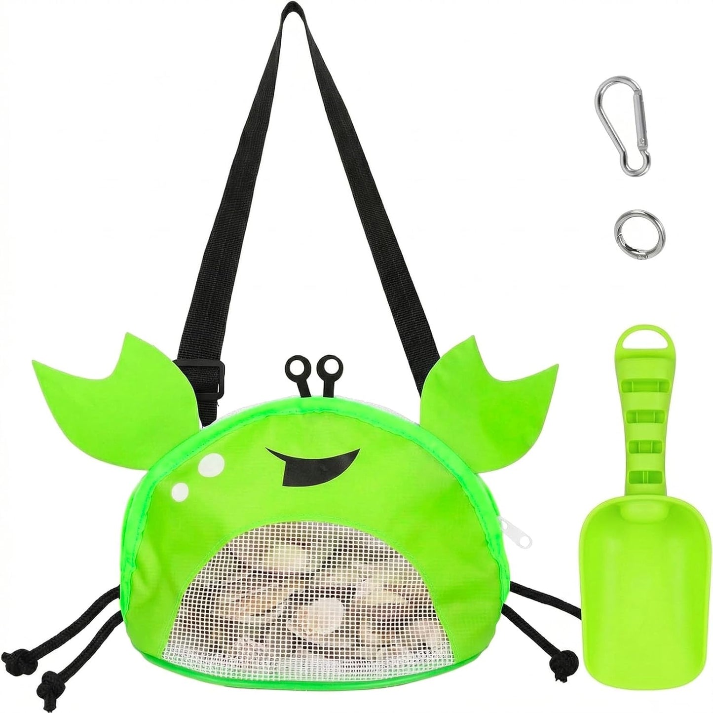 AMOR PRESENT Mesh Baby Beach Bag, Shell Collecting Bag with Shovel Crab-Shaped Adjustable Strap for Holding Shell Sea Pool Sand Toy, Blue