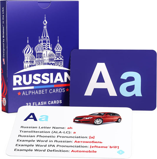 Briston Russian Alphabet Flash Cards – Learn Cyrillic Letters with Pronunciation & Transliteration – Educational Language Learning Flashcards for Kids & Adults, 33 Cards + Alphabet Chart