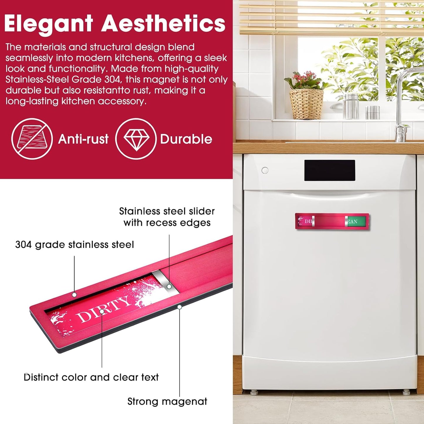 Clean Dirty Magnet for Dishwasher, Premium Stainless Steel, Dirty/Clean Speckled Design, Durable Magnet & Clear Indicators with Extra Tape (Silvery-Gray-01)