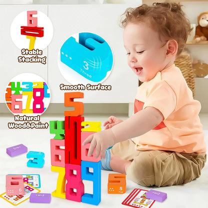 Montessori Wooden Number Building Blocks Toys for Toddlers Kids Stacking Number Blocks 1-10 Preschool Math Learning Educational Toys for 3 4 5 Year Old Boys Girls Gifts 3-5 Balance Competition Game