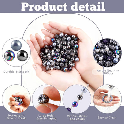300 Pcs Diamonds Beads for Jewelry Making, Included 10 mm Red Rhinestone Beads for Bracelets, Bubblegum Bead for Pen Making, Pearl and Spacer Bead for Bracelet Necklace Earring Crafting
