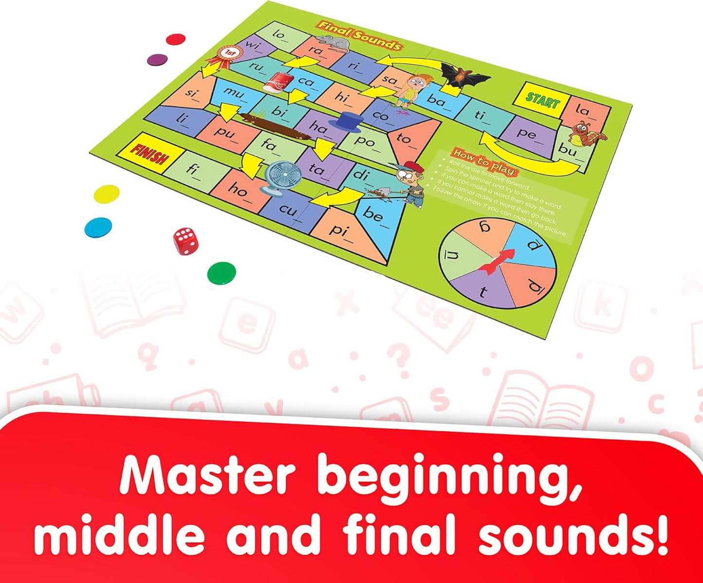 Junior Learning Phonics Board Games Set, 6 Counters, Ages 4-5, Language Skills, Pre K-K, Medium