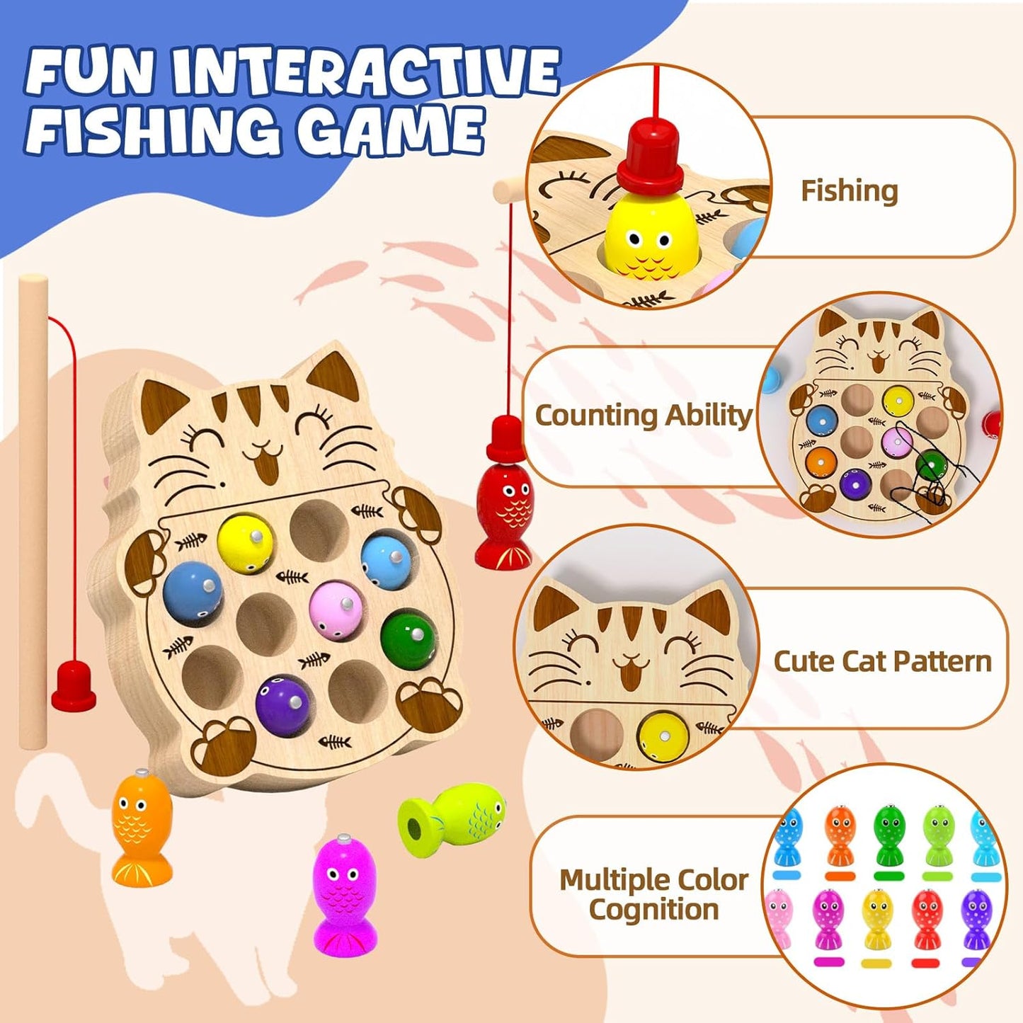 Wooden Magnetic Fishing Game for Toddlers 1-3, Montessori Sensory Busy Board Fine Motor Skills Toys for 1 2 3 Years Old Boys Girls (Frog B-Fish Game)