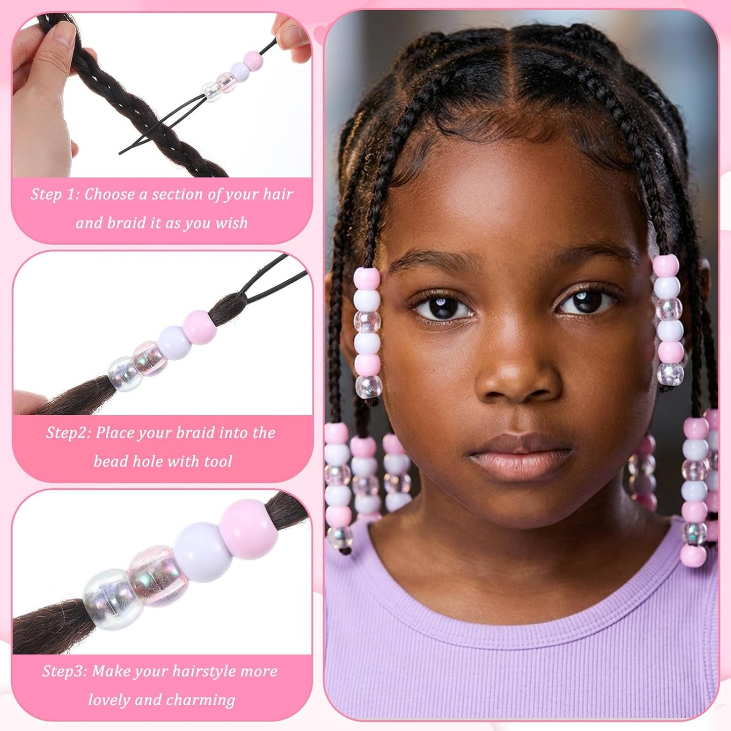 Hair Beads for Girls Hair 60pcs Acrylic Pony Hair Bead Bulk for Braids Dreadlock Beads for Kids Hair Bracelets Crafts(Pink)