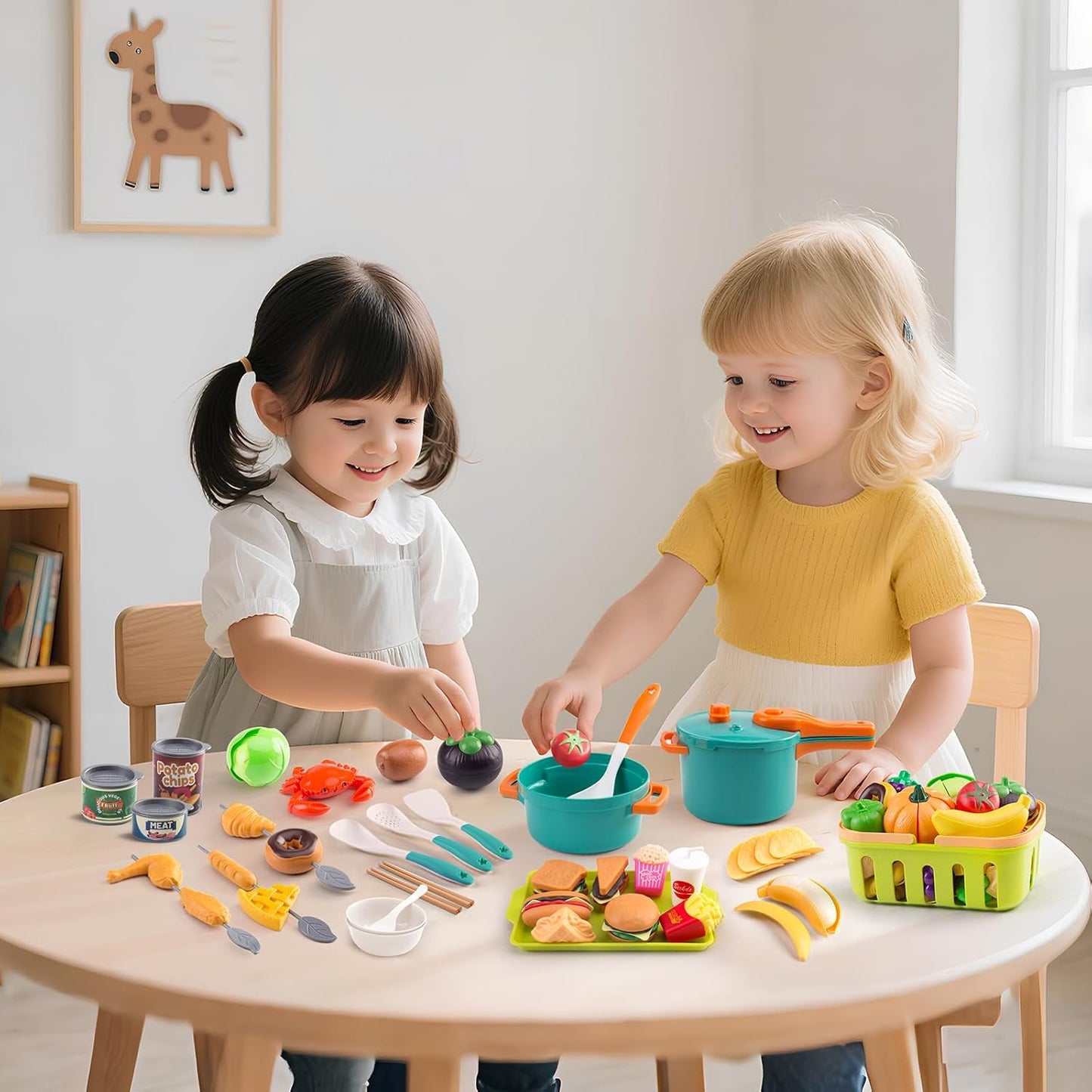 60Pcs Kids Mini Play Kitchen Accessories, Pretend Cooking Play Set with Cookware, Tableware & Fruit & BBQ Sets, Learning Gift for Boys, Girls, Toddlers,Yellow